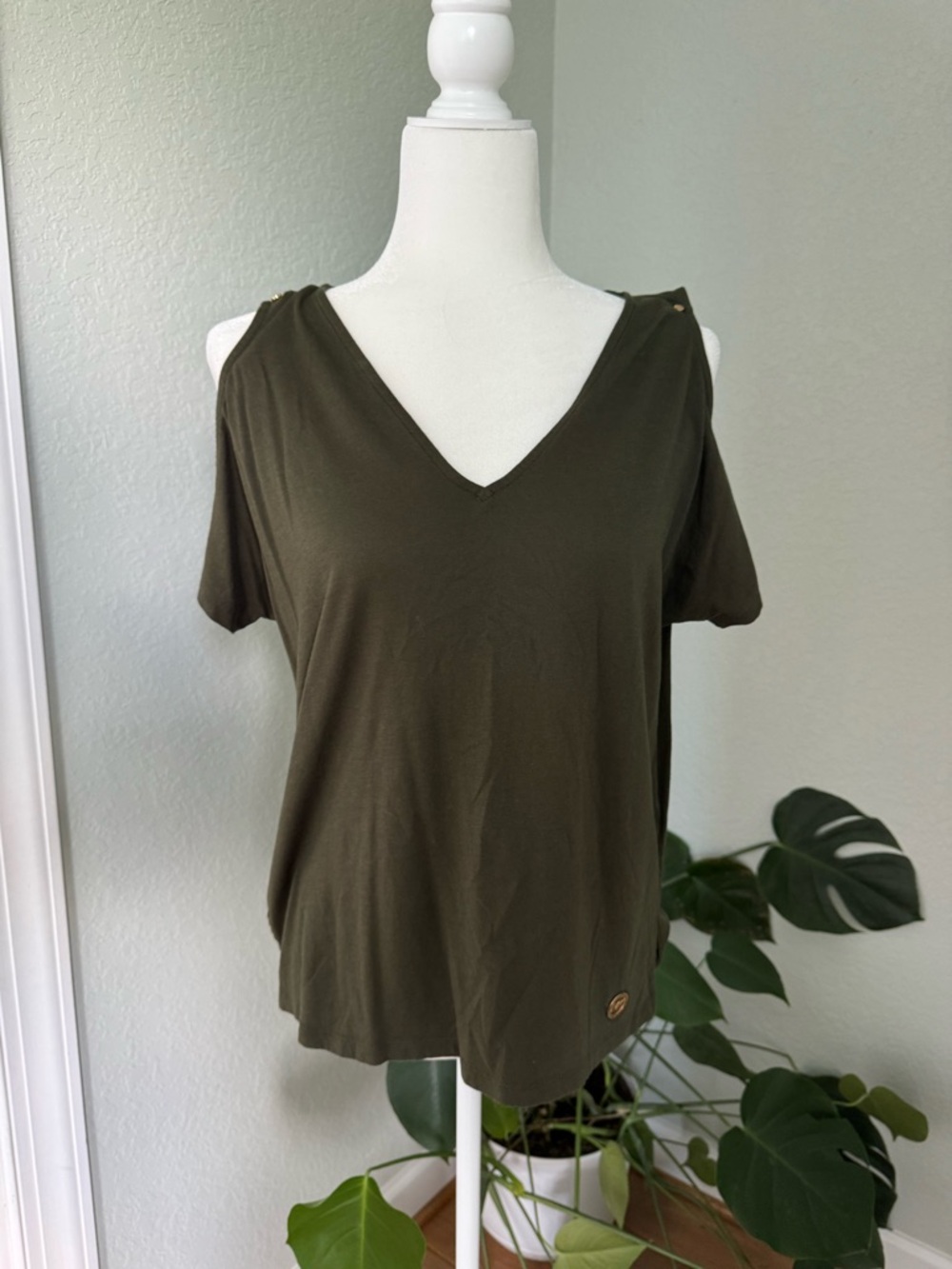 Michael Kors Olive Green V-Neck Cold-Shoulder Top